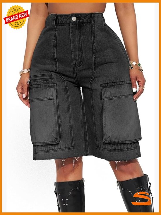 Pants - High Waist Denim Shorts Straight Leg Raw Hem with Pockets